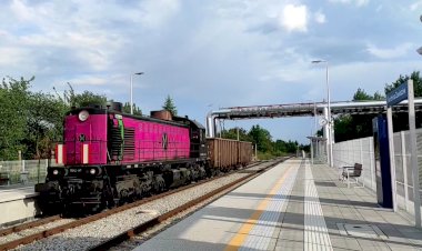 Быстро пролетел, розовый тепловоз ТЭМ2 с двумя полувагонами