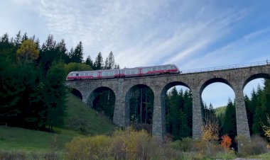 Рельсовый автобус едет по старинному виадуку