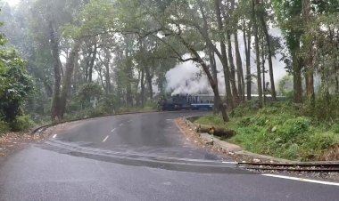 УЖД в Гималаях, паровоз с поездом и тепловозом толкачом лезут в гору