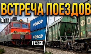 Встречные грузовые поезда, необычный груз.
